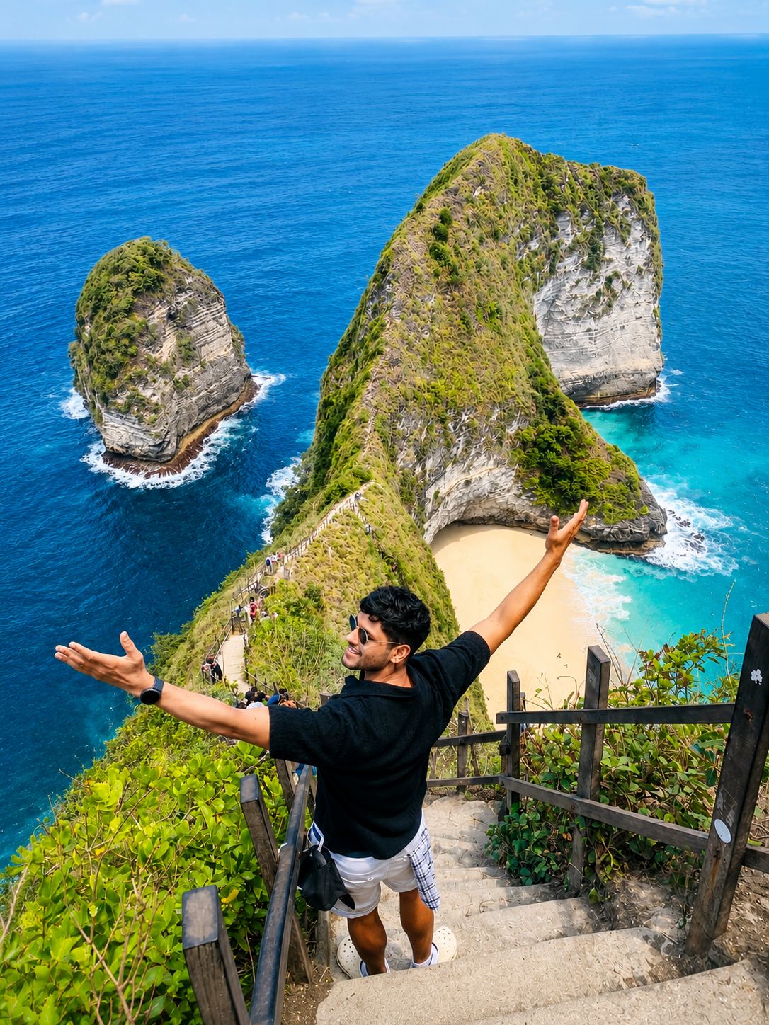 Traveler admiring the Kelingking Beach cliff viewpoint on a Nusa Penida tour